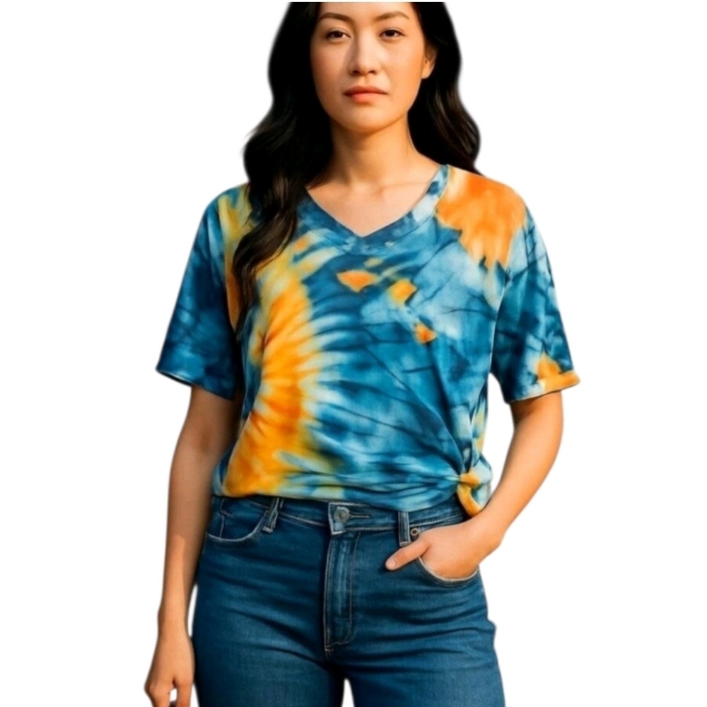 TIE Dye Women's Blue Orange Yellow V-Neck Short Sleeve T-Shirt Top Size Medium